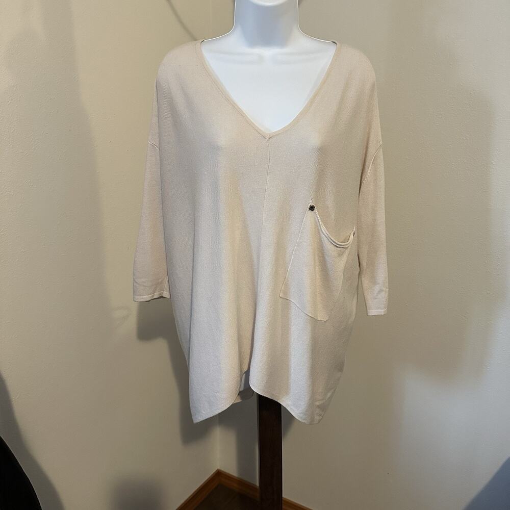 Catwalk Studio Beige Oversized V-Neck Sweater Top S/M Drop Shoulder Pocket